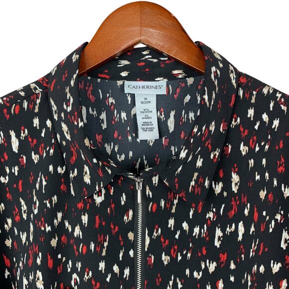 Catherines Blouse 1/2 Zip Black Red Pattern 3/4 Sleeve Office Women's 1X 18/20W - Picture 3 of 7